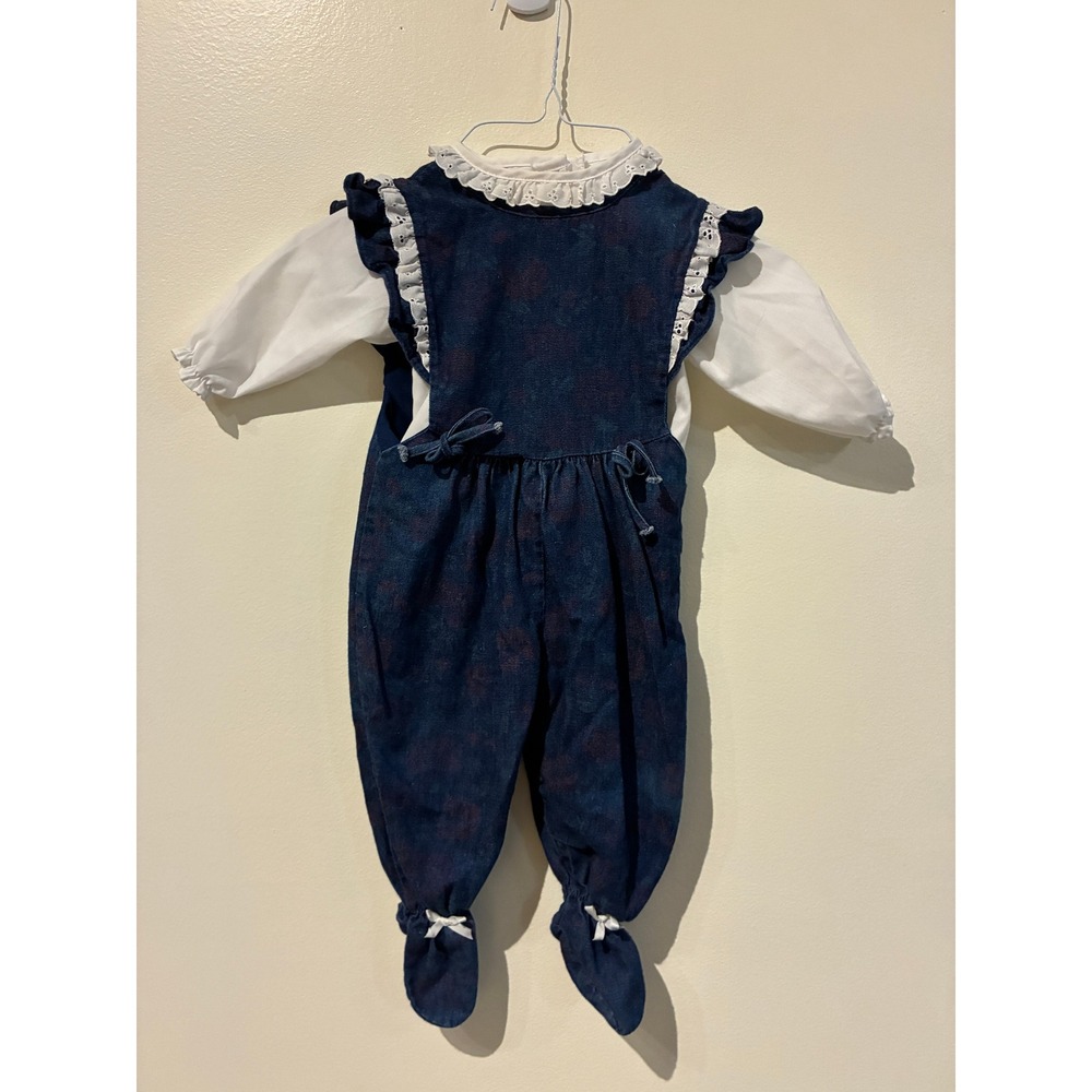 Vintage Alexis Baby Girls Blue Floral Jumper White Lace Blouse Set 6 Months